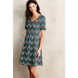 Anthropologie HD in Paris Hollyhock Dress Small Short‎ Sleeve A-Line Blue Green